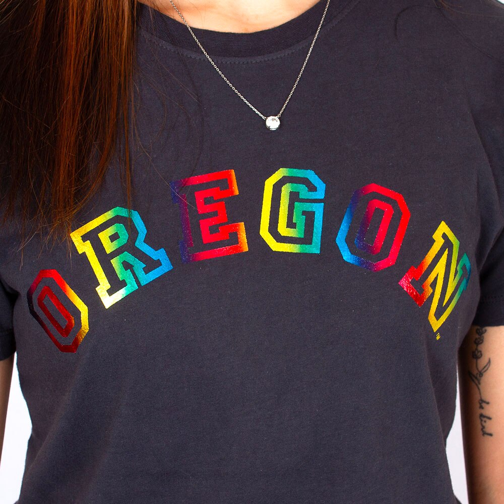 Arched Oregon, Camp David, Black, Crew Neck, Cotton, Women, Rainbow Foil, Outline design, T-Shirt, 969238